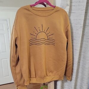 SHEIN Mustard Crewneck Sweater with Sunrise Graphic